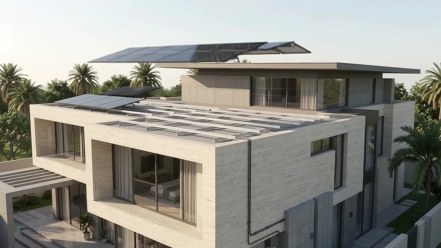 A modern villa with a flat roof, ready for a solar installation